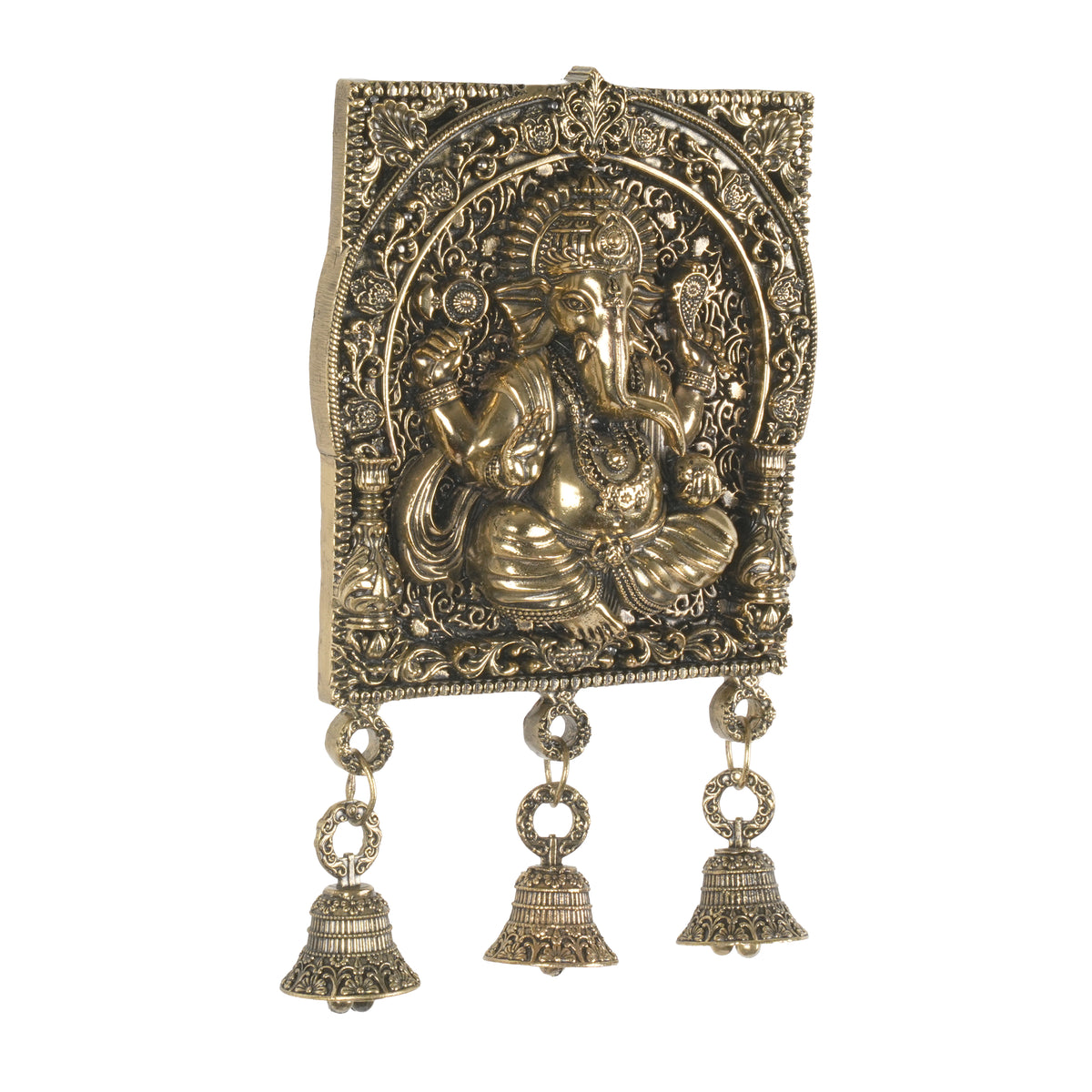 Antique Finish Lord Ganesha Wall Hanging Plaque with Bells