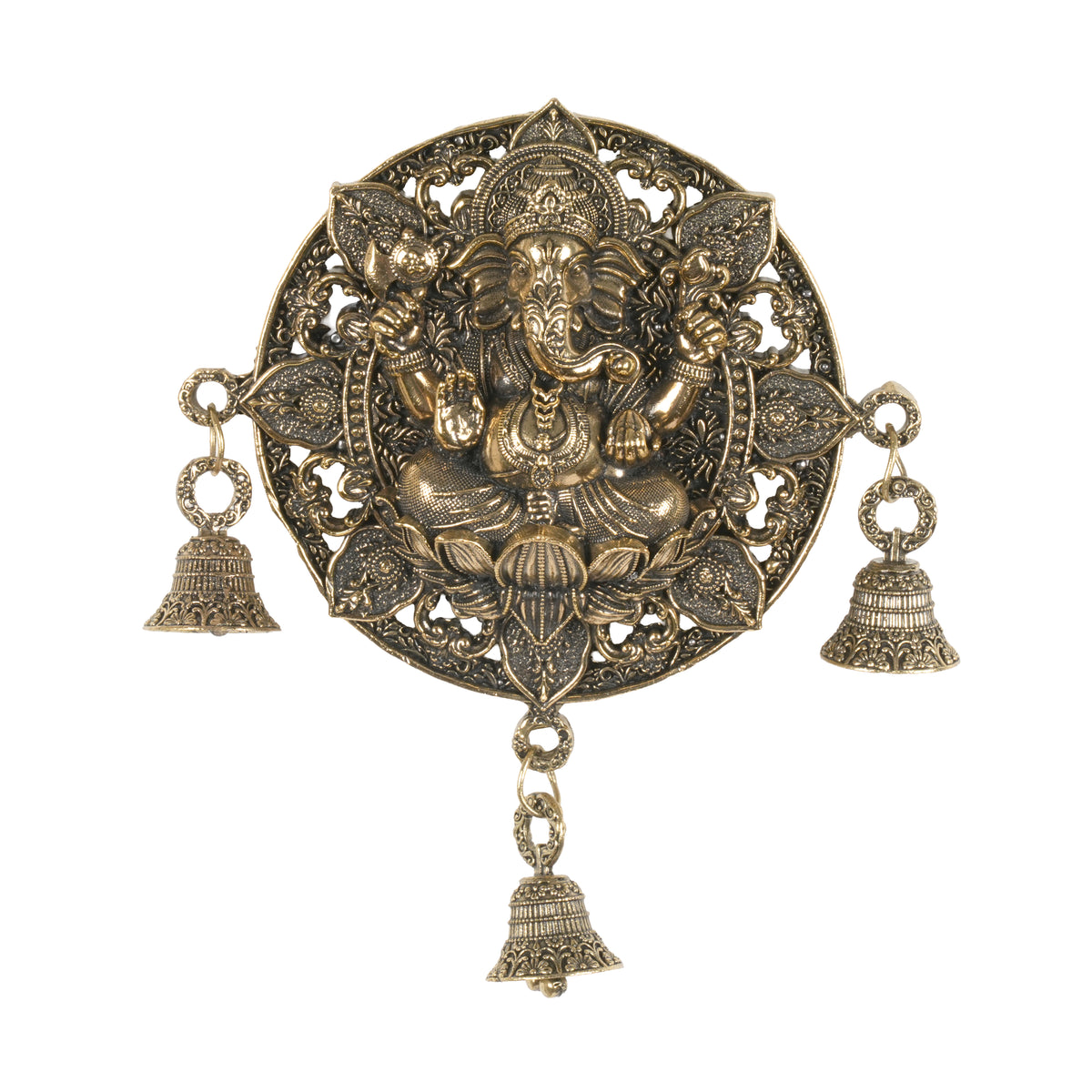 Antique Finish Round Ganesha Wall Hanging with Bells