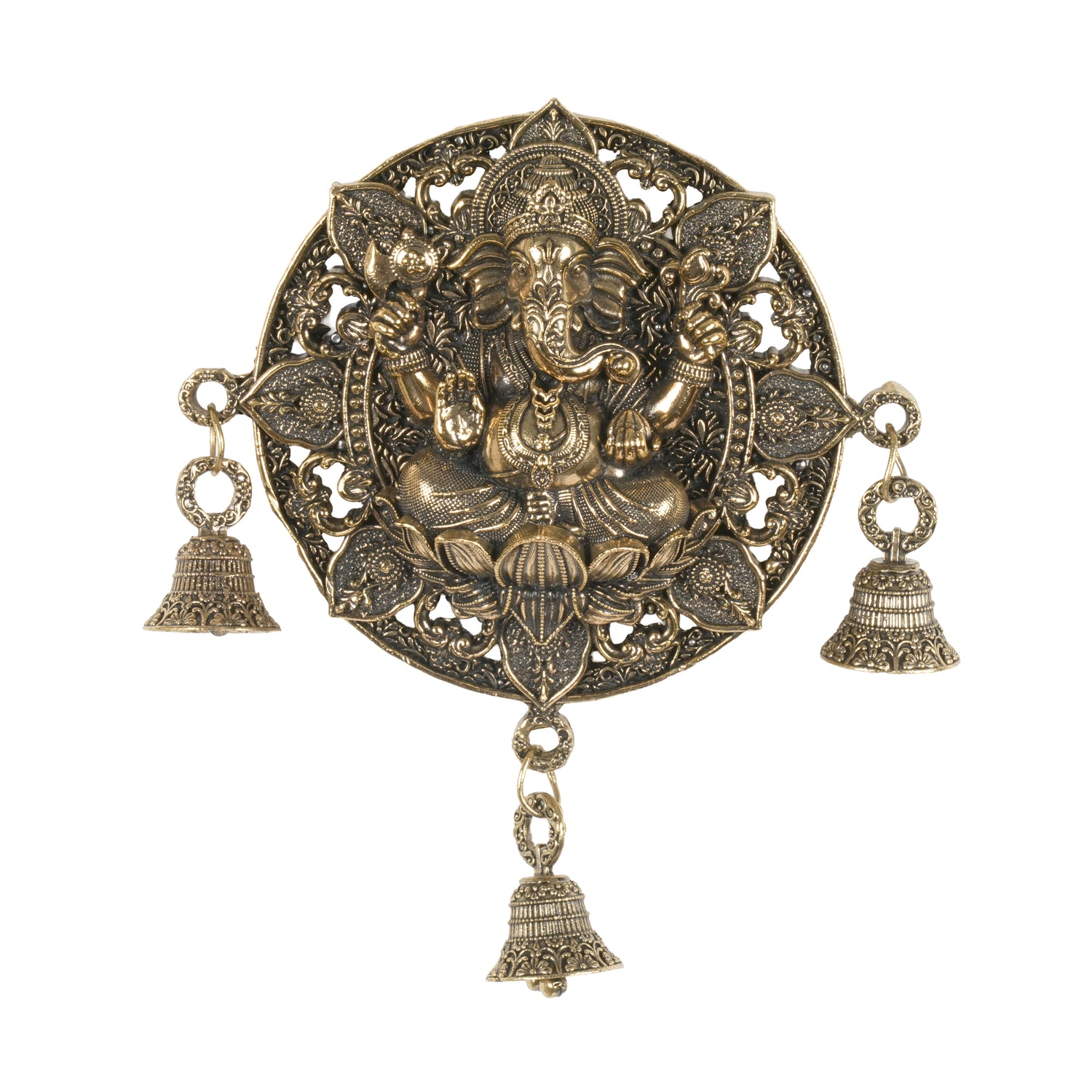 Antique Finish Round Ganesha Wall Hanging with Bells