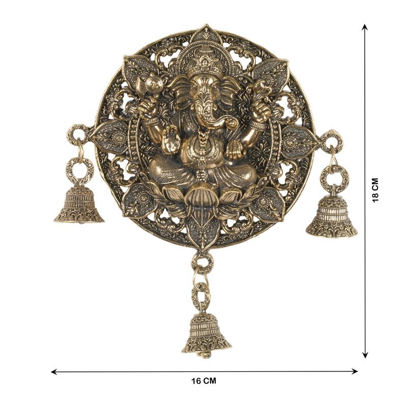 Antique Finish Round Ganesha Wall Hanging with Bells