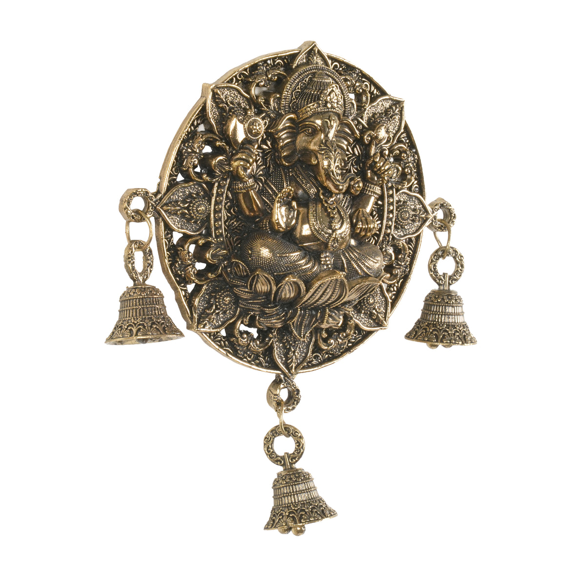 Antique Finish Round Ganesha Wall Hanging with Bells