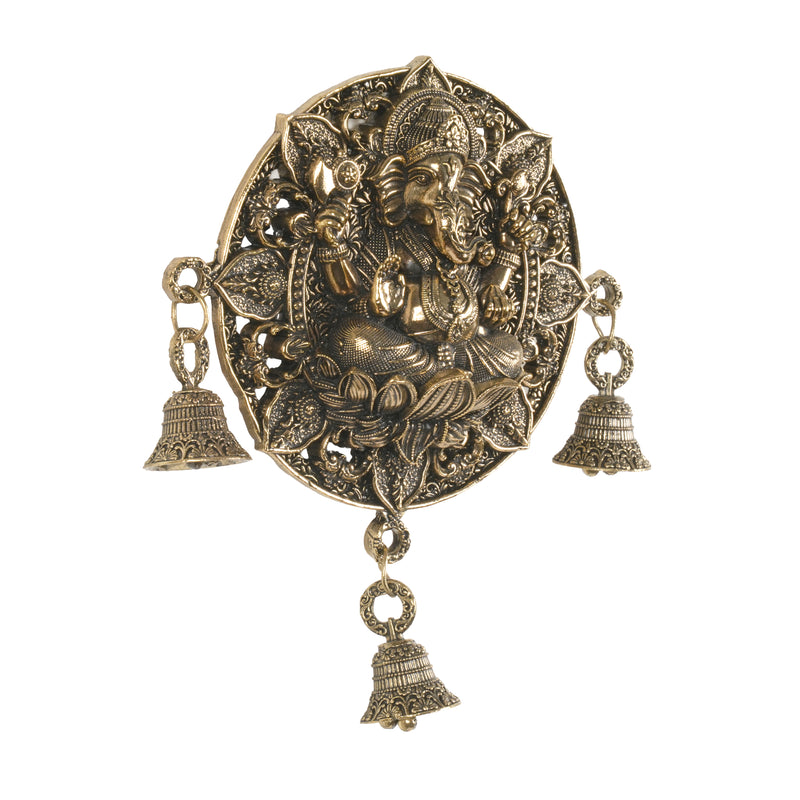 Antique Finish Round Ganesha Wall Hanging with Bells