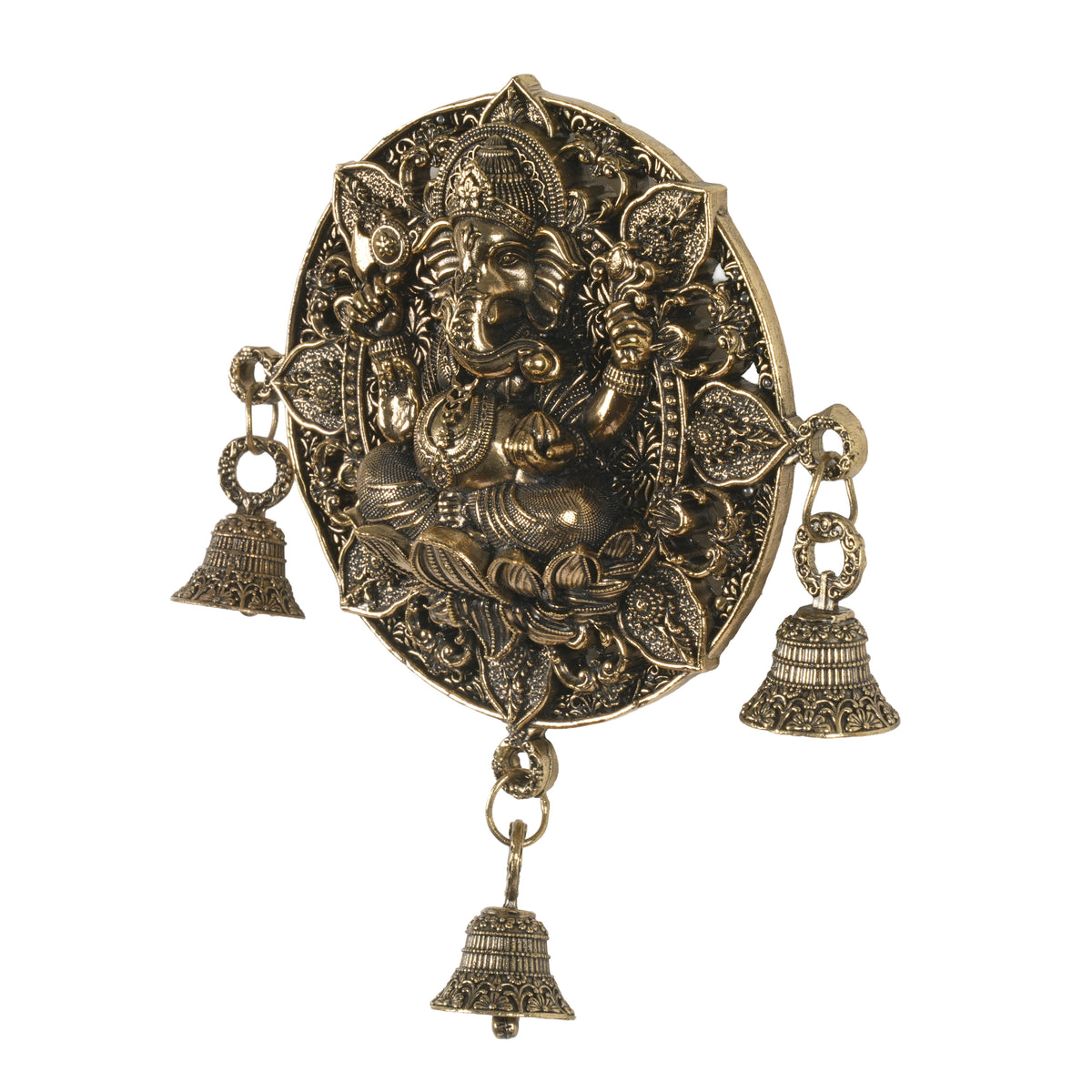 Antique Finish Round Ganesha Wall Hanging with Bells