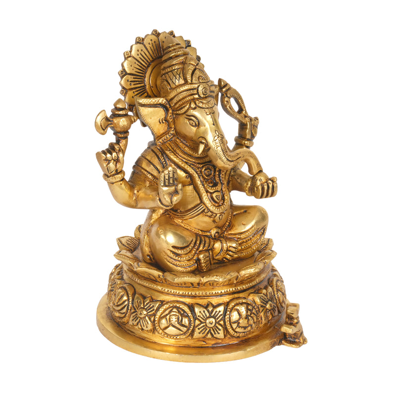 Handcrafted Brass Lord Ganesha Statue | Ornate Lotus Pedestal Puja Murti