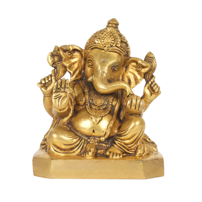 Handcrafted Brass Lord Ganesha Statue | Geometric Flat Base Puja Murti