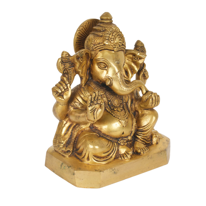Handcrafted Brass Lord Ganesha Statue | Geometric Flat Base Puja Murti
