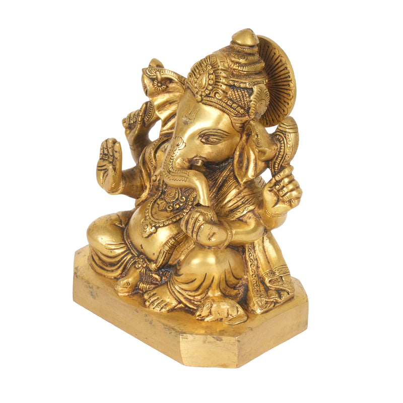 Handcrafted Brass Lord Ganesha Statue | Geometric Flat Base Puja Murti