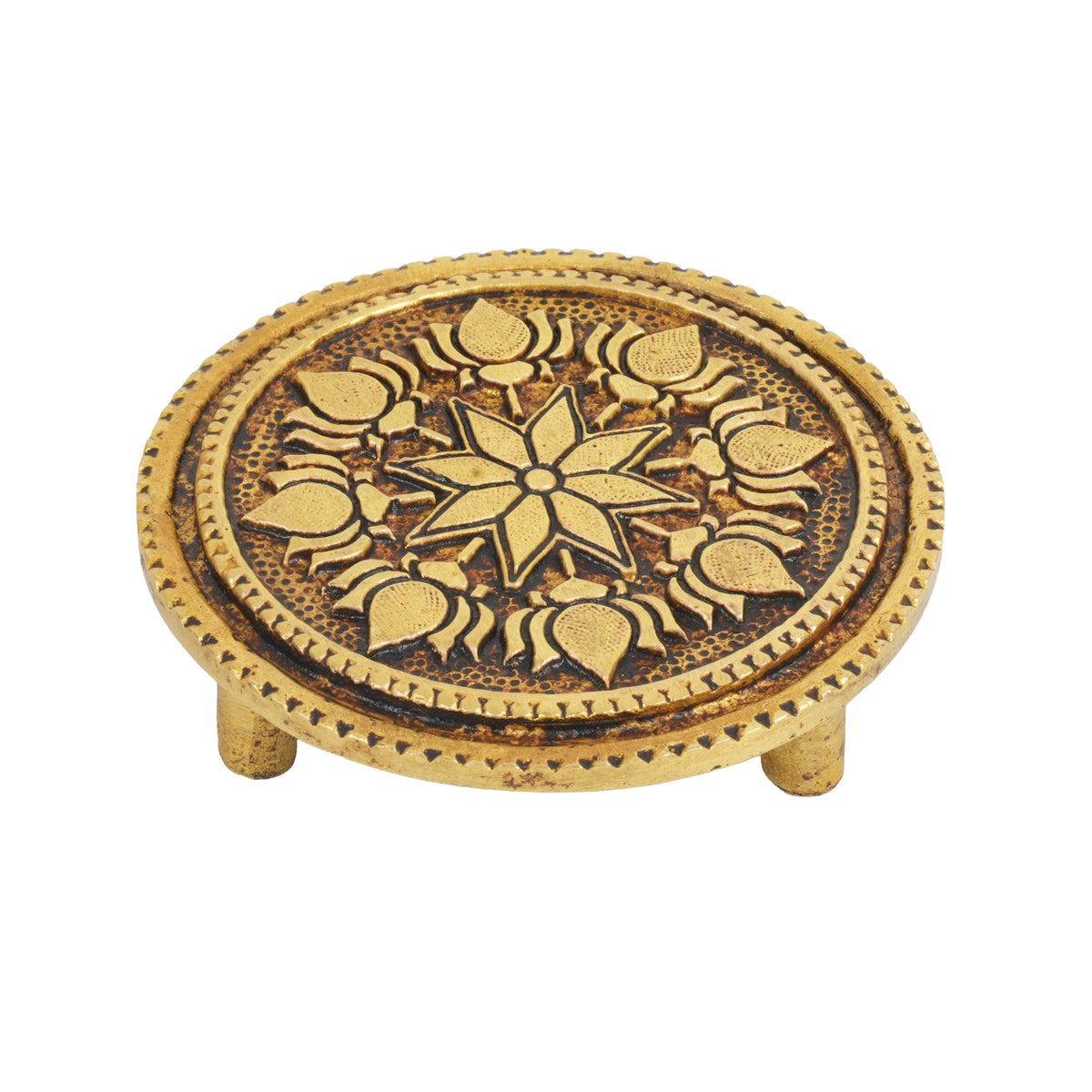 Handcrafted Brass Lotus Chowki | Round Mandir Idol Pedestal Stand