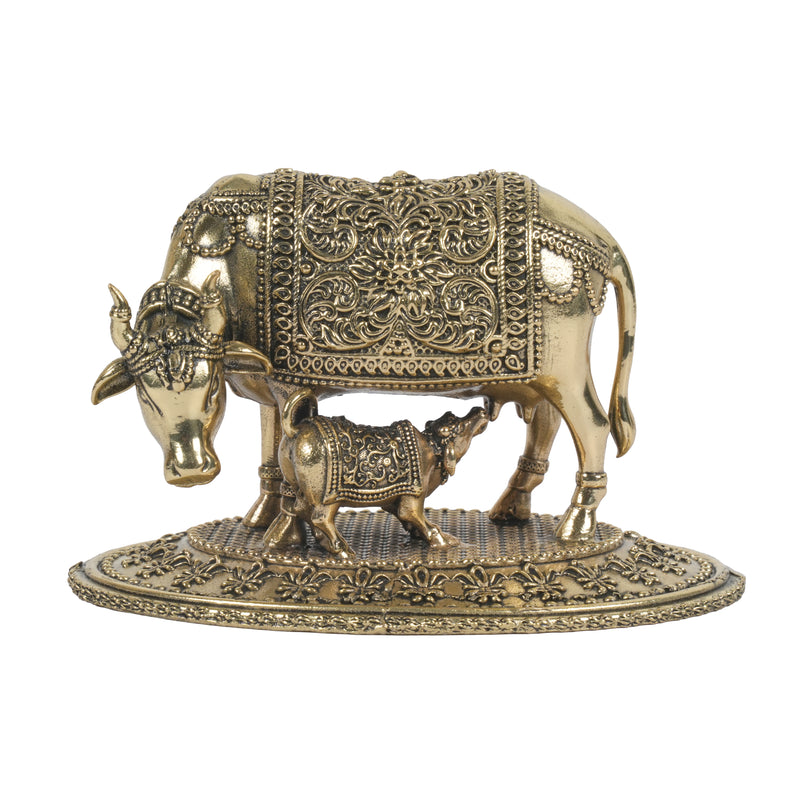 Handcrafted Brass Kamdhenu Cow and Calf Statue | Wish-Fulfilling Idol with Base