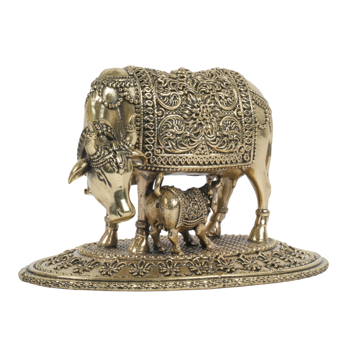 Handcrafted Brass Kamdhenu Cow and Calf Statue | Wish-Fulfilling Idol with Base