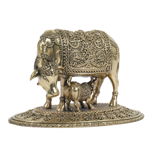 Handcrafted Brass Kamdhenu Cow and Calf Statue | Wish-Fulfilling Idol with Base