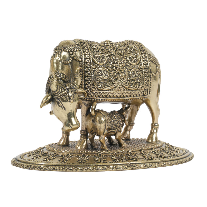 Handcrafted Brass Kamdhenu Cow and Calf Statue | Wish-Fulfilling Idol with Base