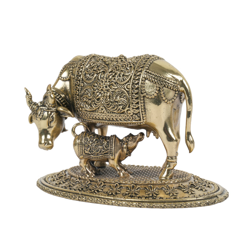 Handcrafted Brass Kamdhenu Cow and Calf Statue | Wish-Fulfilling Idol with Base