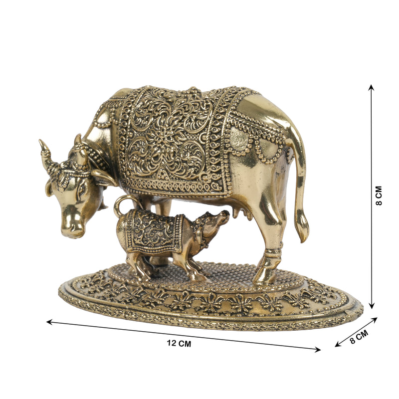 Handcrafted Brass Kamdhenu Cow and Calf Statue | Wish-Fulfilling Idol with Base