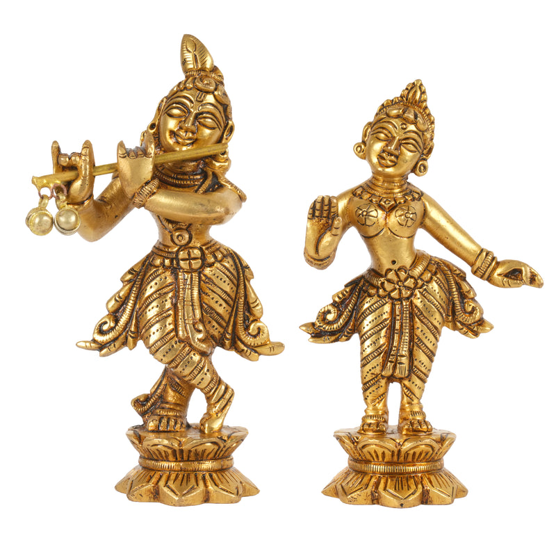 Traditional Brass Radha Krishna Murti on Lotus Pedestals for Home Mandir