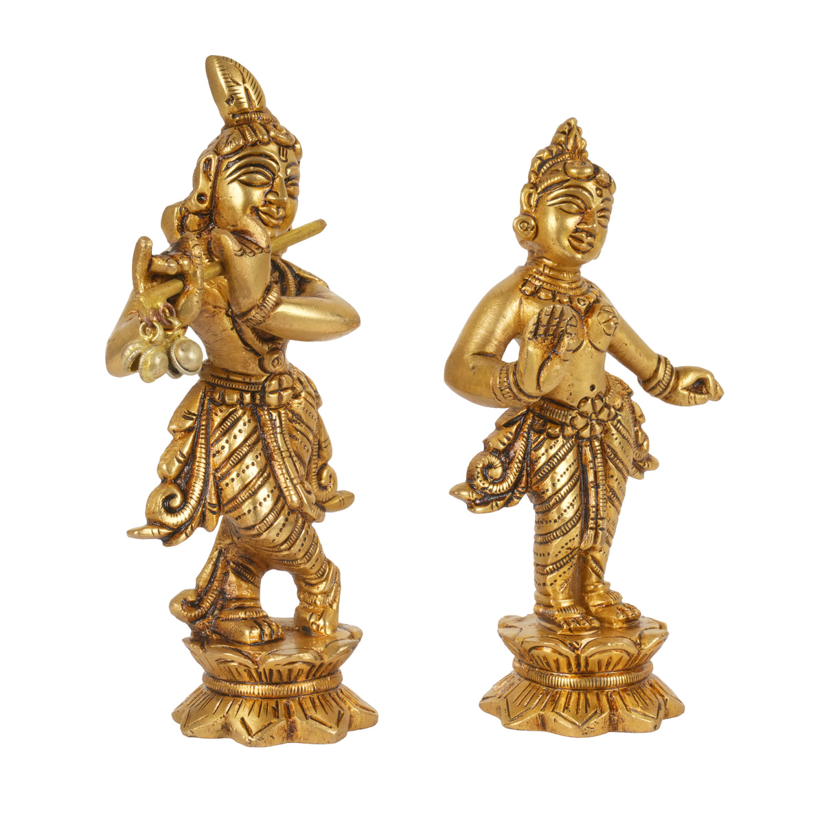 Traditional Brass Radha Krishna Murti on Lotus Pedestals for Home Mandir