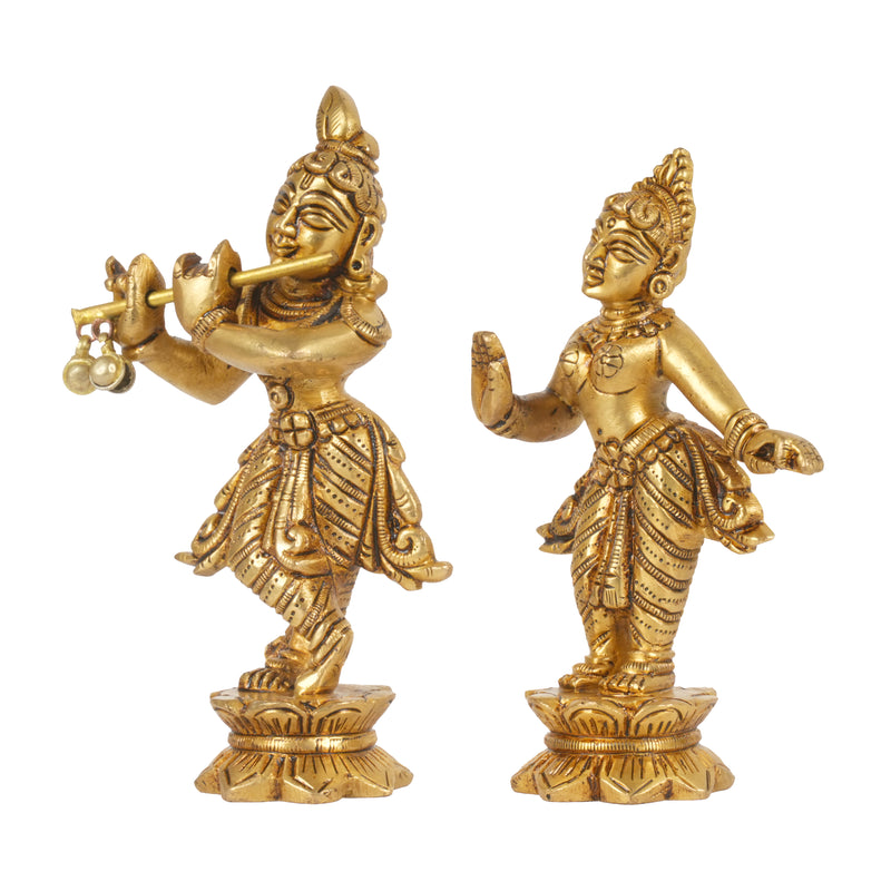 Traditional Brass Radha Krishna Murti on Lotus Pedestals for Home Mandir