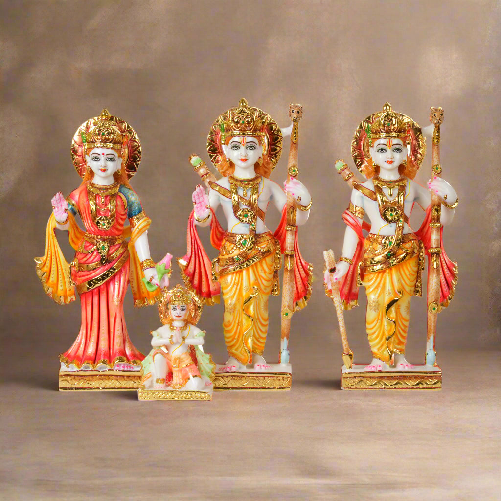 The Divine Court: Hand-Painted Crimson & Gold Ram Darbar Idol Set