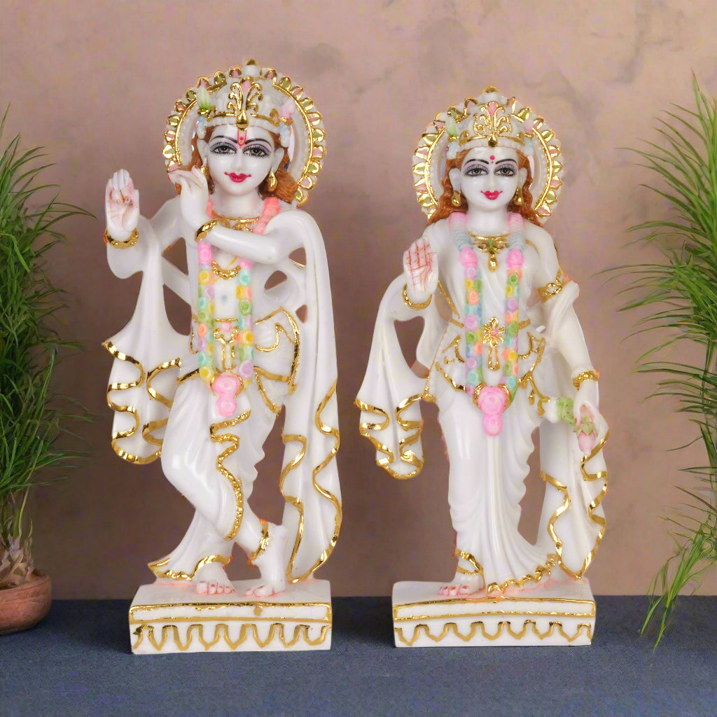 Divine Purity: Hand-Painted White and Gold Radha Krishna Idol Set
