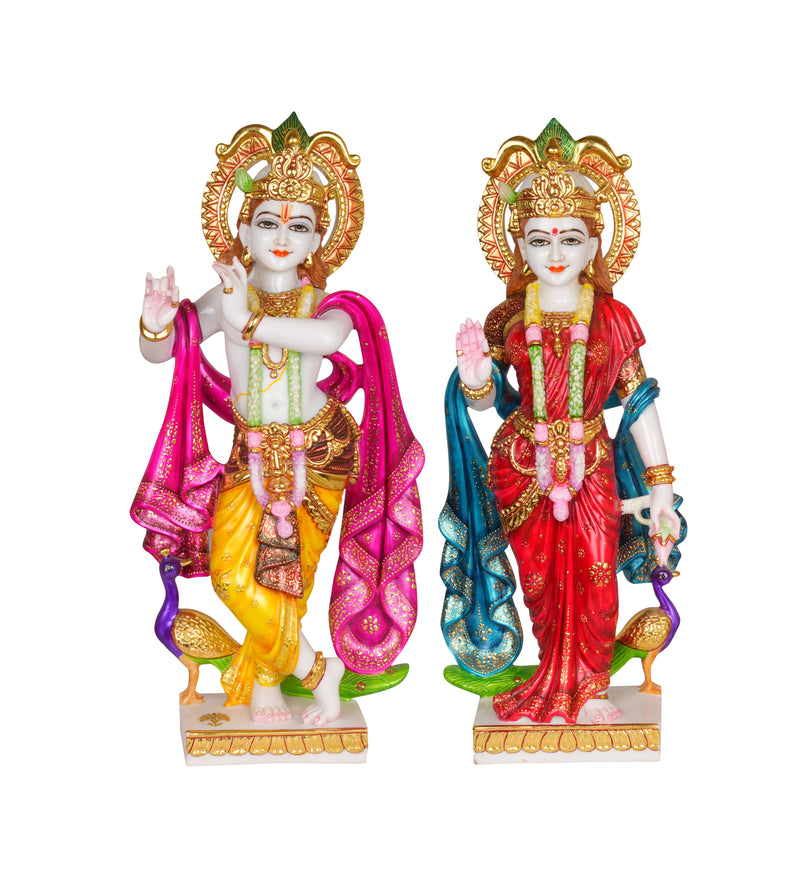 Vibrant Devotion: Hand-Painted Radha Krishna Idol Set in Marble Resin