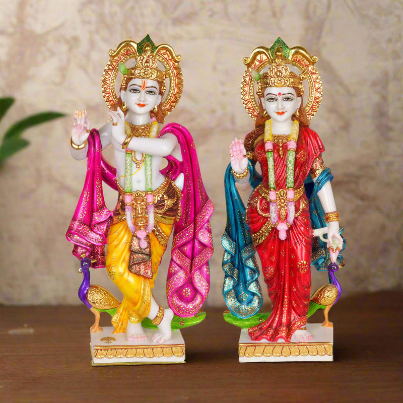 Vibrant Devotion: Hand-Painted Radha Krishna Idol Set in Marble Resin