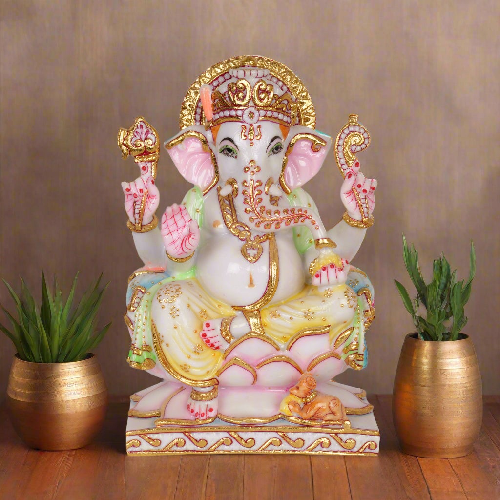 Lord Ganesha Murti – Seated on Lotus with Modak & Mushak