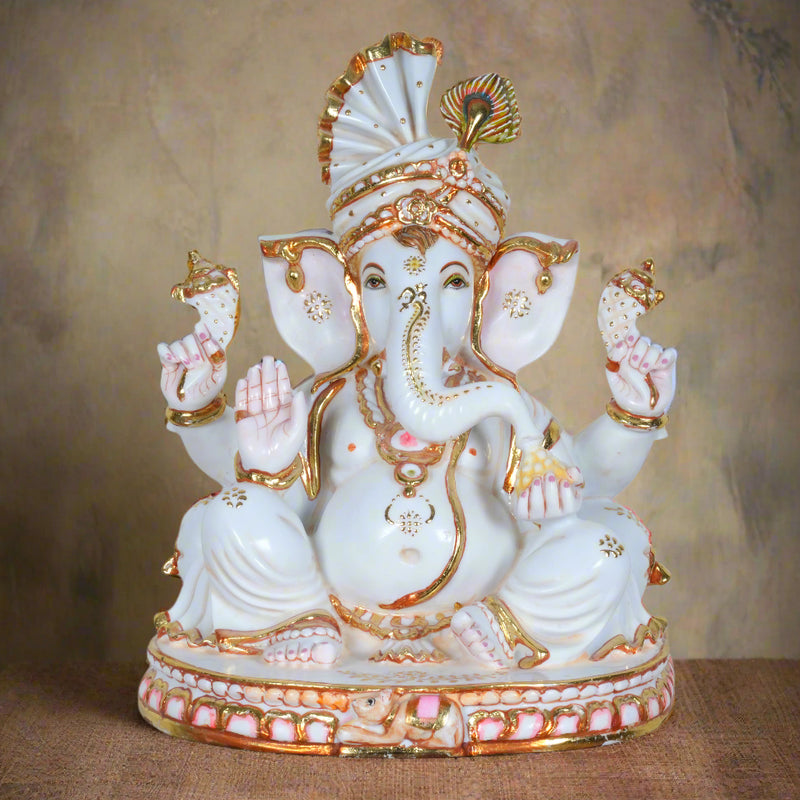 Lord Ganesha Murti – Ornate Crown with Peacock Feather Accent