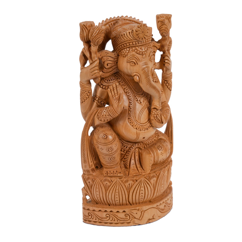 Handcrafted Wooden Lord Ganesha Statue | Premium Single-Block Wood Carving