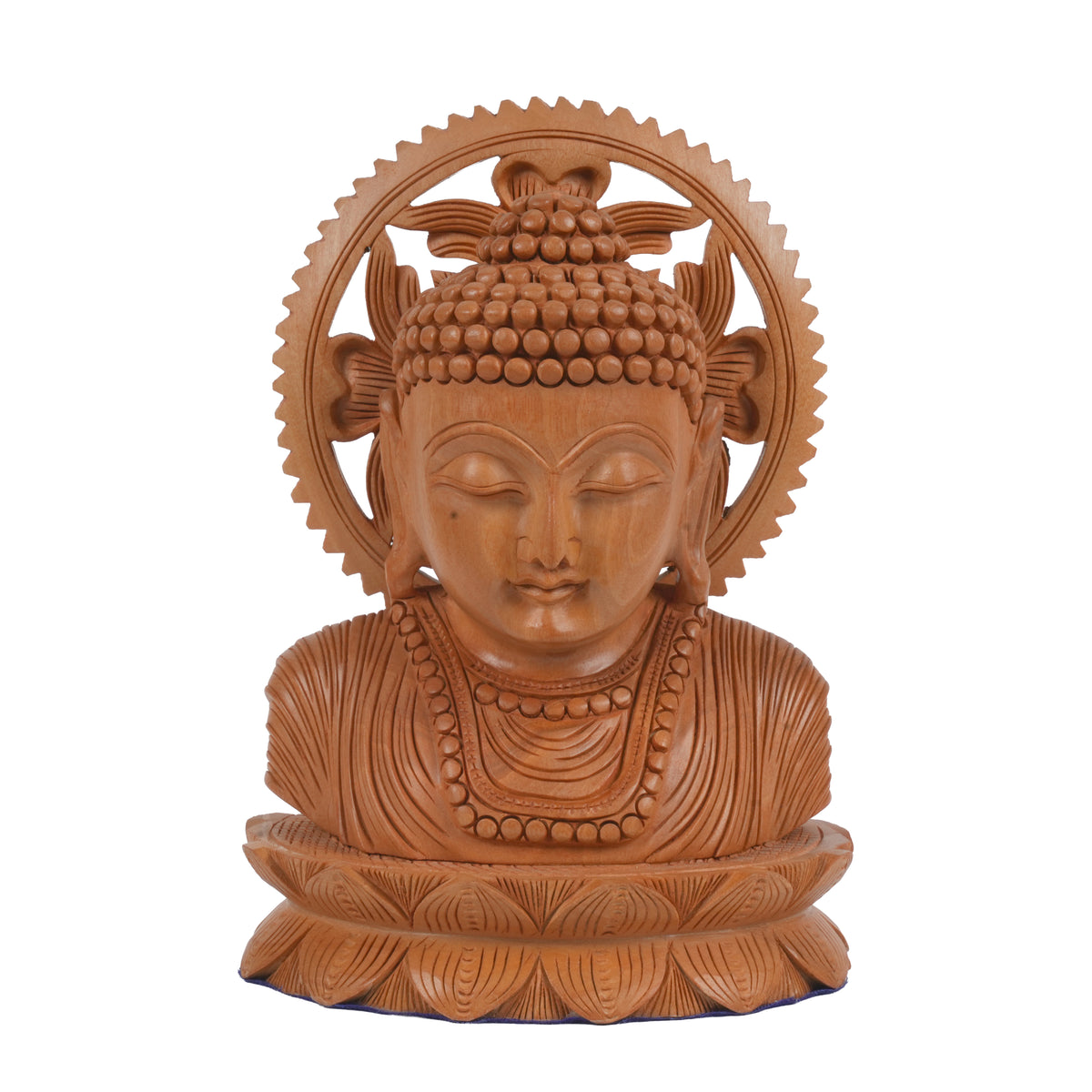 Traditional Hand-Carved Wood Buddha Head on Lotus Base for Zen Decor