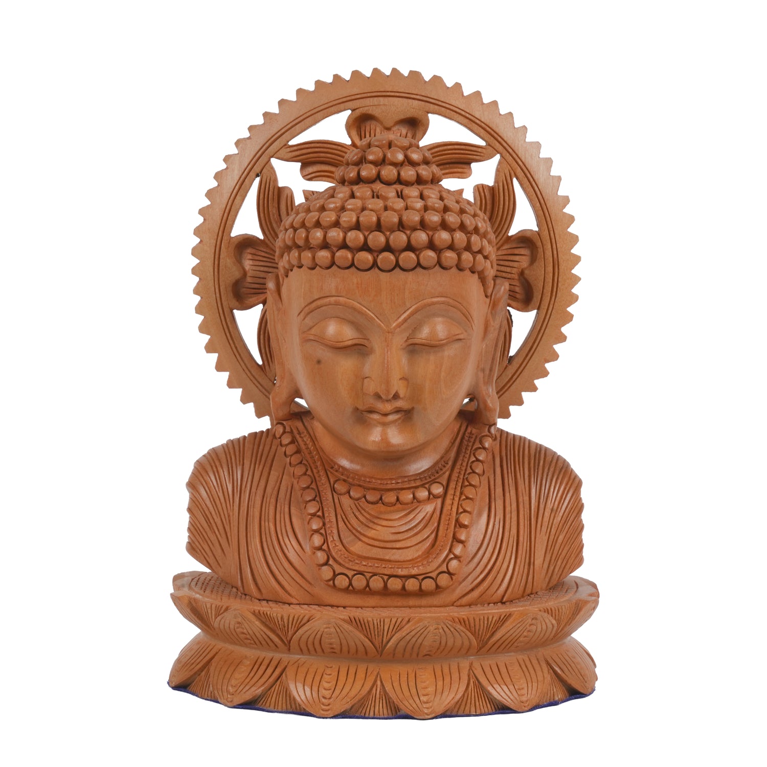 Traditional Hand-Carved Wood Buddha Head on Lotus Base for Zen Decor