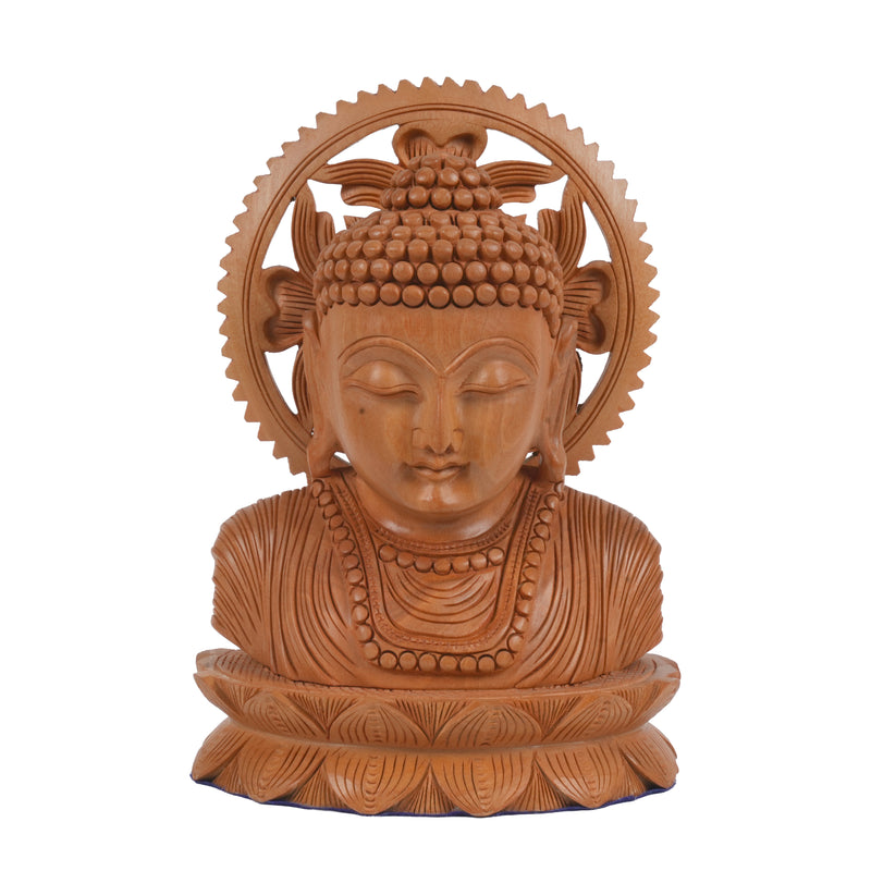 Traditional Hand-Carved Wood Buddha Head on Lotus Base for Zen Decor
