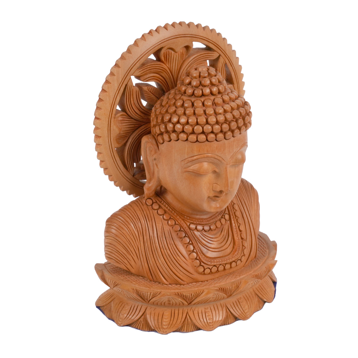 Traditional Hand-Carved Wood Buddha Head on Lotus Base for Zen Decor