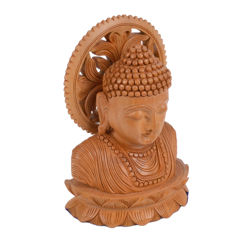 Traditional Hand-Carved Wood Buddha Head on Lotus Base for Zen Decor