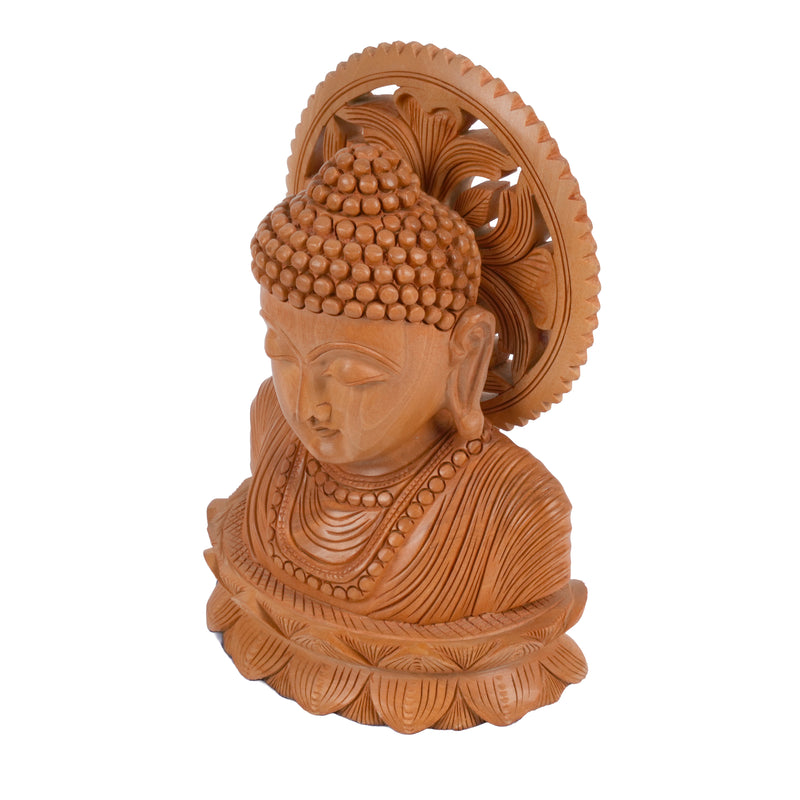 Traditional Hand-Carved Wood Buddha Head on Lotus Base for Zen Decor