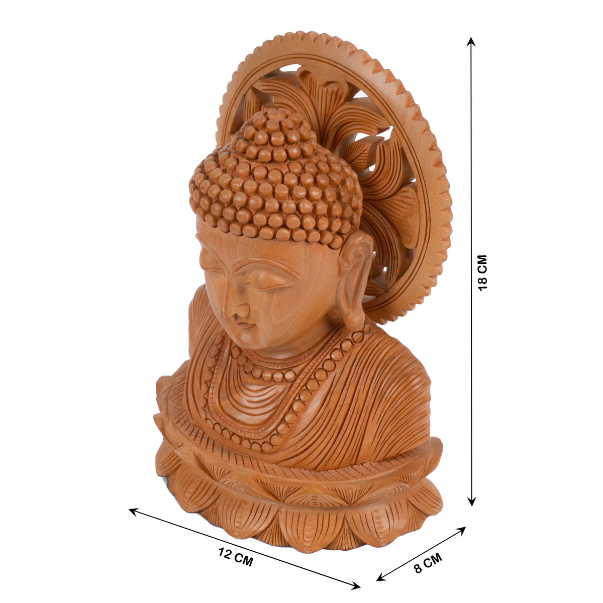 Traditional Hand-Carved Wood Buddha Head on Lotus Base for Zen Decor