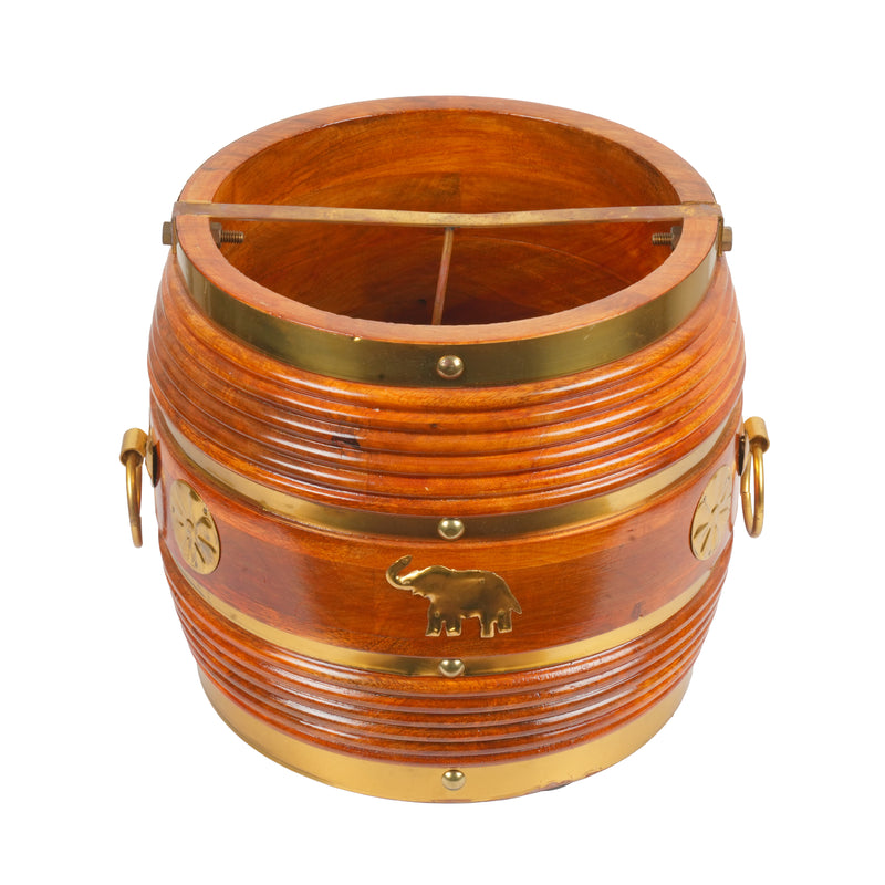 Handcrafted Traditional Wooden Para Vessel | Brass Fitted Elephant Motif Urli Bowl