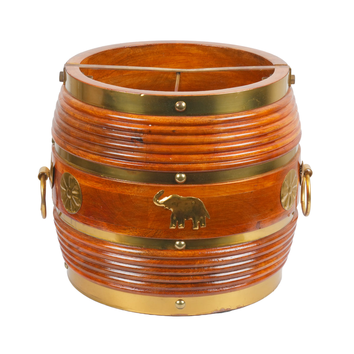 Handcrafted Traditional Wooden Para Vessel | Brass Fitted Elephant Motif Urli Bowl