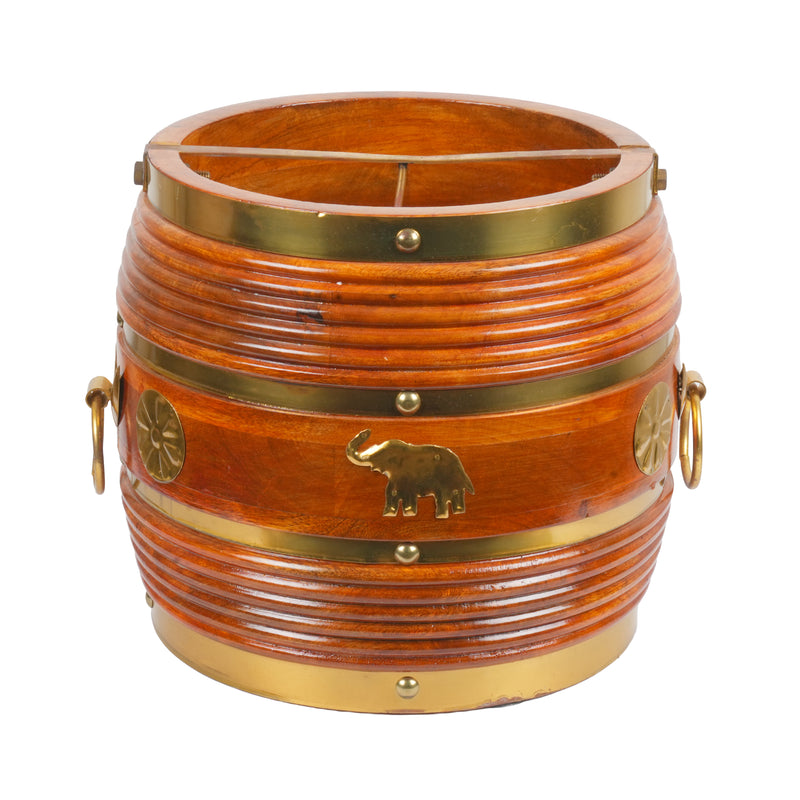 Handcrafted Traditional Wooden Para Vessel | Brass Fitted Elephant Motif Urli Bowl