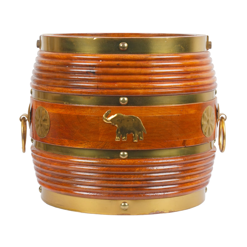 Handcrafted Traditional Wooden Para Vessel | Brass Fitted Elephant Motif Urli Bowl