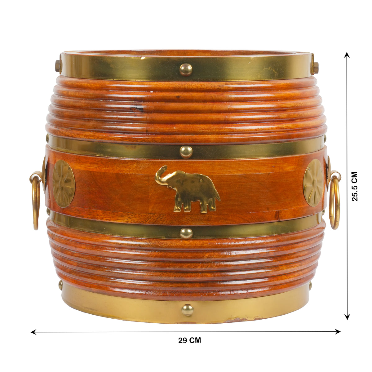Handcrafted Traditional Wooden Para Vessel | Brass Fitted Elephant Motif Urli Bowl