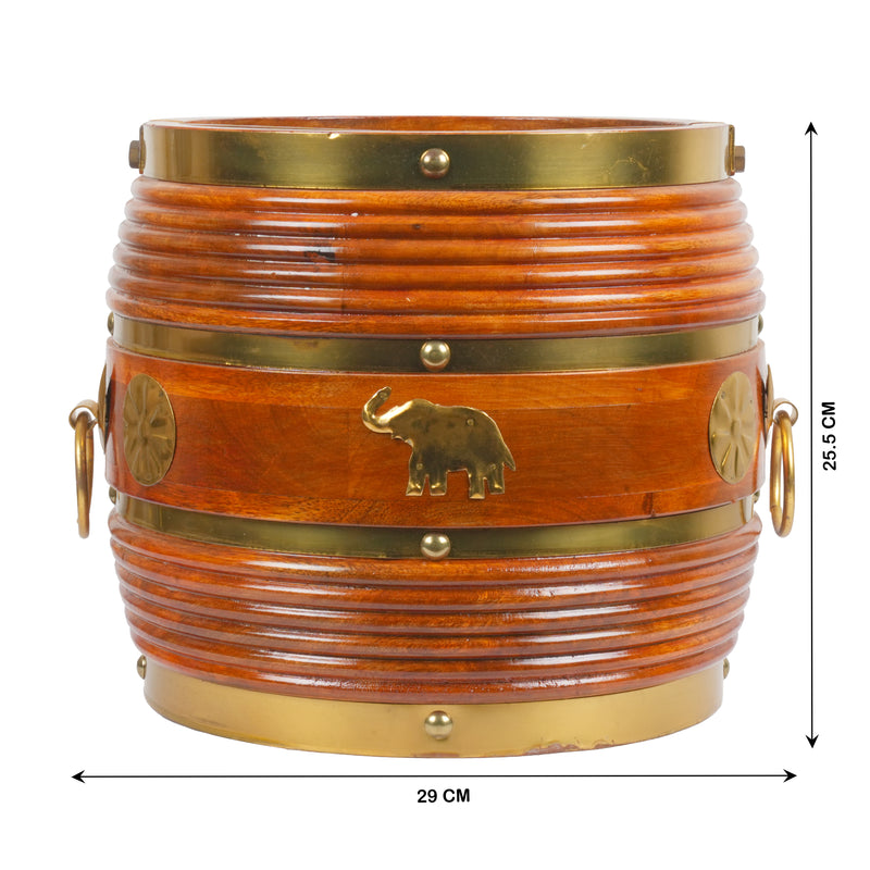 Handcrafted Traditional Wooden Para Vessel | Brass Fitted Elephant Motif Urli Bowl