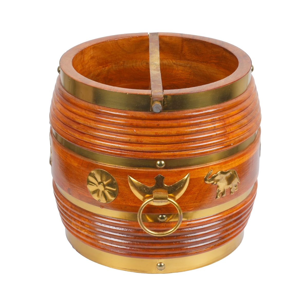 Handcrafted Traditional Wooden Para Vessel | Brass Fitted Elephant Motif Urli Bowl