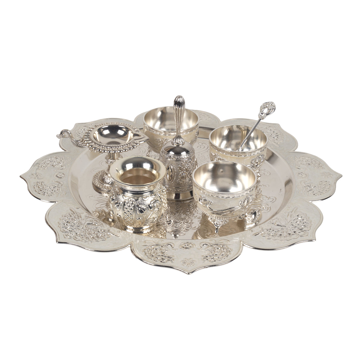 Handcrafted Traditional German Silver Pooja Thali Set | 7-Piece Lotus Floral Platter