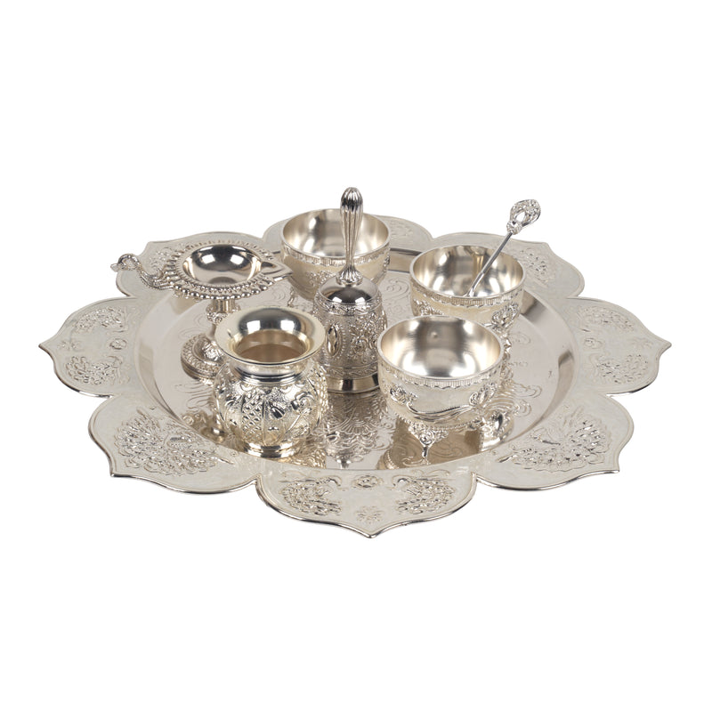 Handcrafted Traditional German Silver Pooja Thali Set | 7-Piece Lotus Floral Platter