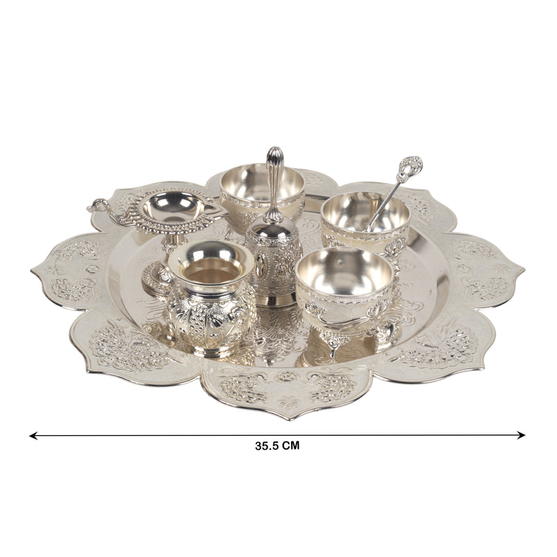 Handcrafted Traditional German Silver Pooja Thali Set | 7-Piece Lotus Floral Platter