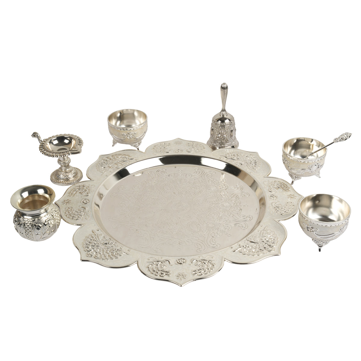 Handcrafted Traditional German Silver Pooja Thali Set | 7-Piece Lotus Floral Platter