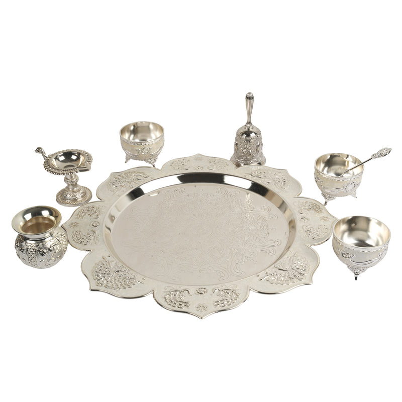 Handcrafted Traditional German Silver Pooja Thali Set | 7-Piece Lotus Floral Platter