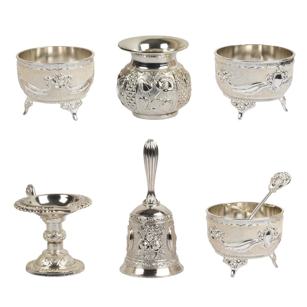 Handcrafted Traditional German Silver Pooja Thali Set | 7-Piece Lotus Floral Platter