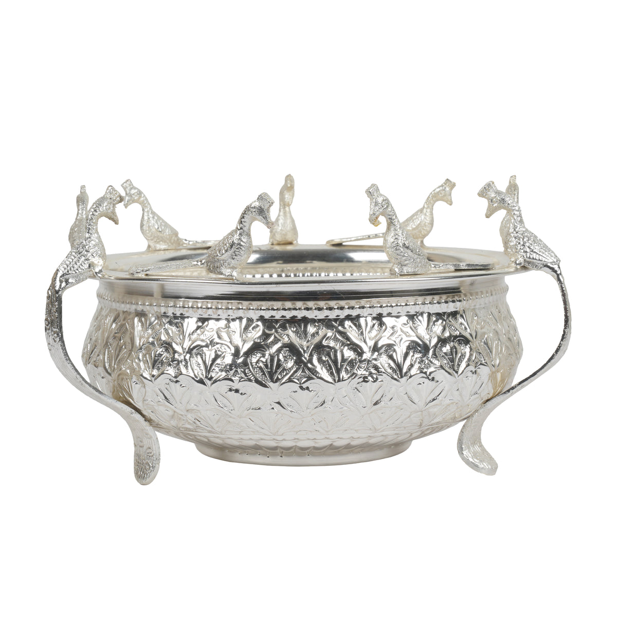 Handcrafted Traditional Silver-Plated Brass Urli Bowl | Creative Peacock Motif Flower Pot