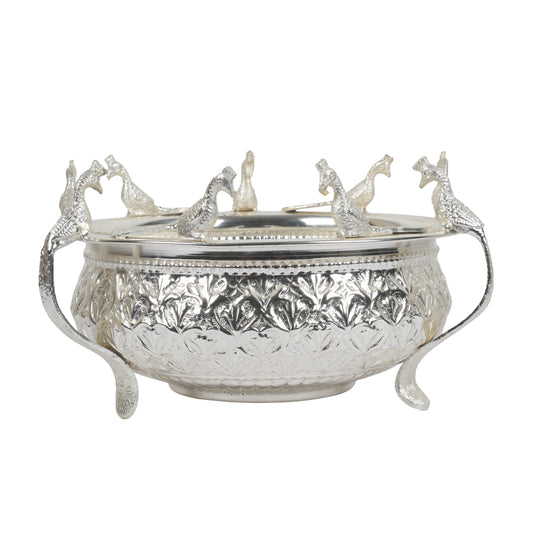 Handcrafted Traditional Silver-Plated Brass Urli Bowl | Creative Peacock Motif Flower Pot